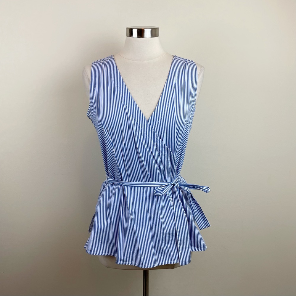 Cupio Blue White Stripe Wrap Blouse Top Women Size Medium Preppy Casual Cotton